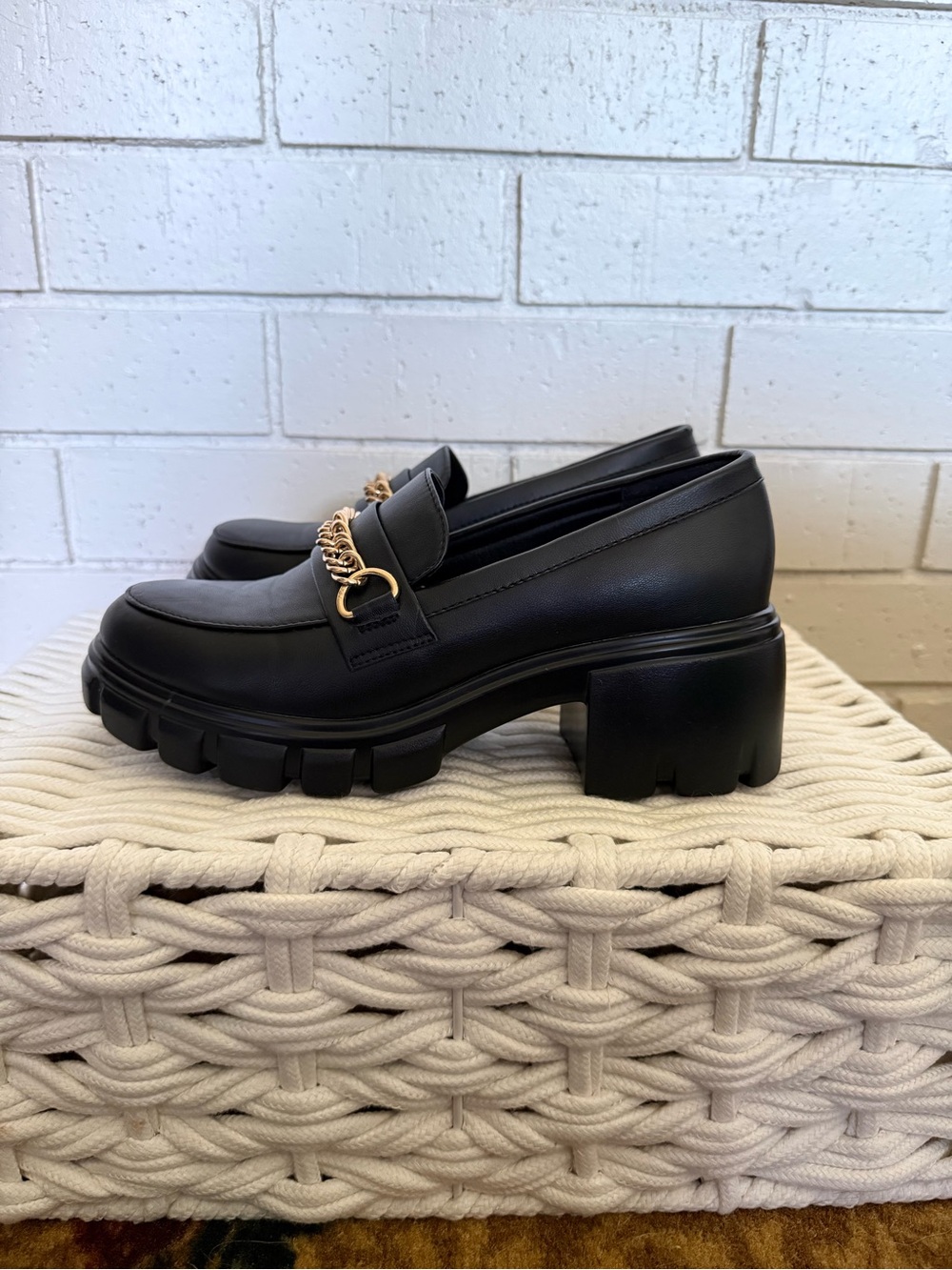 JustFab Black Leli Chain Detail Lug Sole Loafers